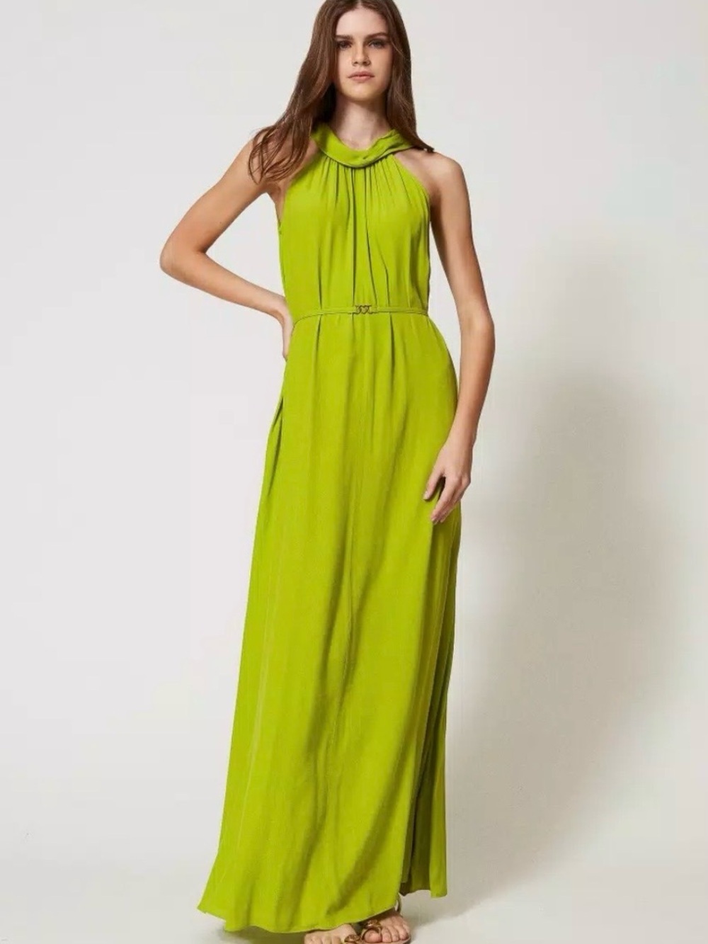 Maison Tara Midi Halter Dress A-line Sz 10 NWT Green Pleated Summer Euro Chic